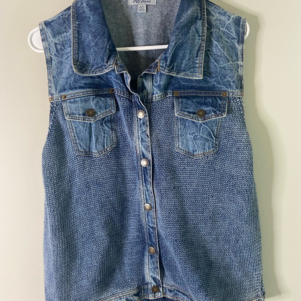 Vintage PBJ Blues Denim/Knitted Button Front Vest Size Large knit denim